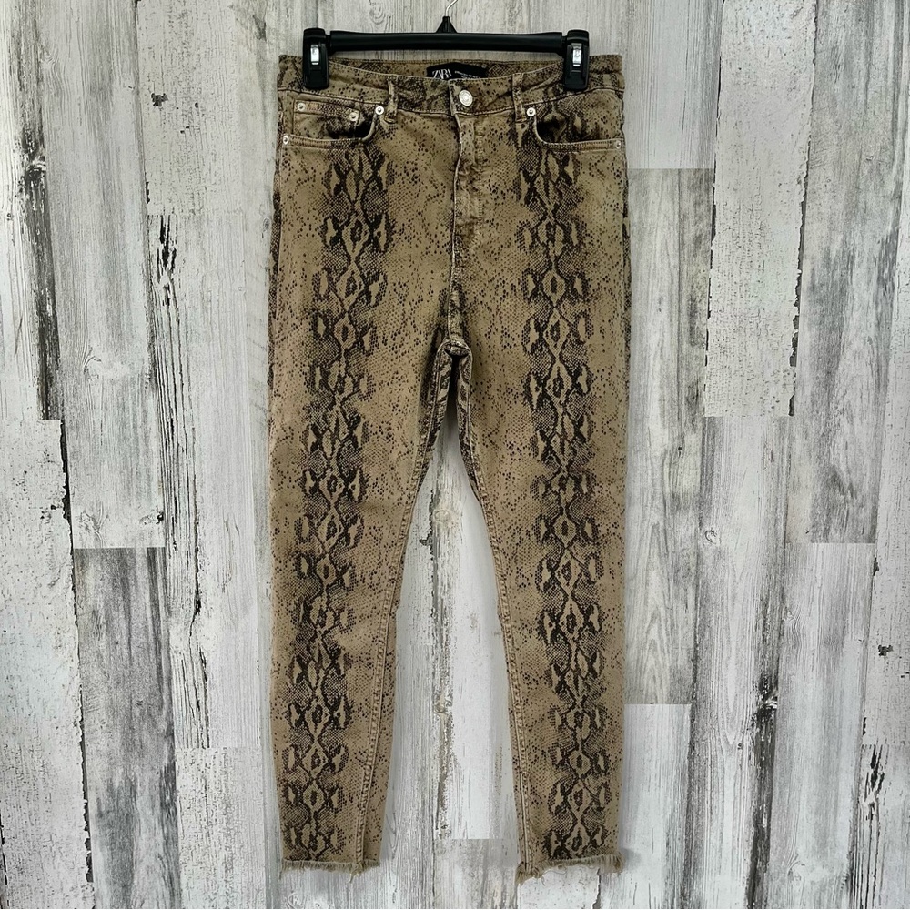 ZARA Black Tan Snakeskin Print Jeans 8